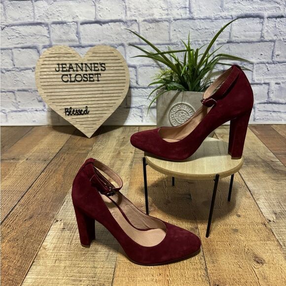 Madewell Sz 5 Cara Red Suede Block Heel Adjustable Stretch Buckle Ankle Strap - Picture 2 of 10